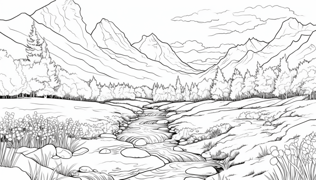 Breathtaking Mountain Landscape Coloring Page