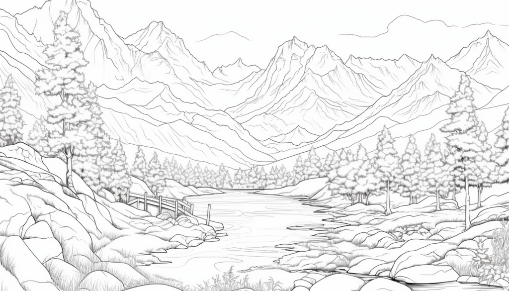 Breathtaking Mountain Landscape Coloring Page