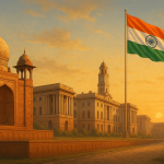 A panoramic landscape depicting a transition from Mughal architecture in the foreground blending into British colonial architecture in the midground, leading to a modern Indian flag waving proudly in the background, symbolizing the historical progression from 1600 to 1947.