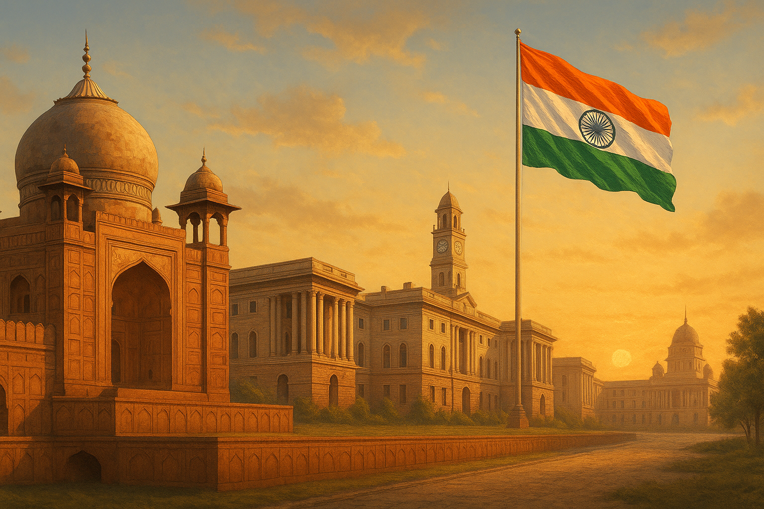 A panoramic landscape depicting a transition from Mughal architecture in the foreground blending into British colonial architecture in the midground, leading to a modern Indian flag waving proudly in the background, symbolizing the historical progression from 1600 to 1947.