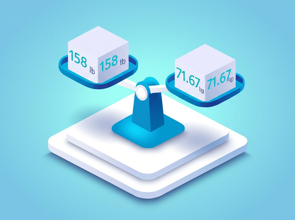 Conversion of 158 pounds to kilograms: 158 lbs = 71.67 kg, weight conversion.