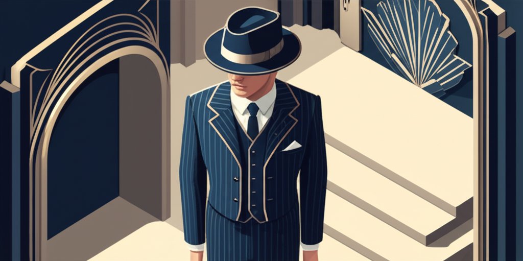 Men in suits and hats exemplify classic 1920s men's fashion.