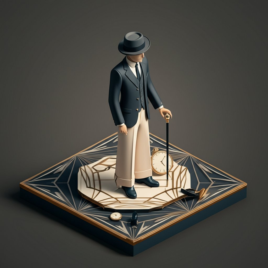 Men in dapper 1920s suits, hats, and ties, exuding classic style and sophistication.