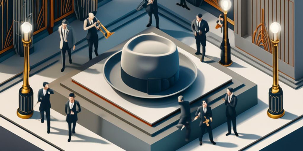 Men in suits and hats evoke the elegance of the 1920s era.