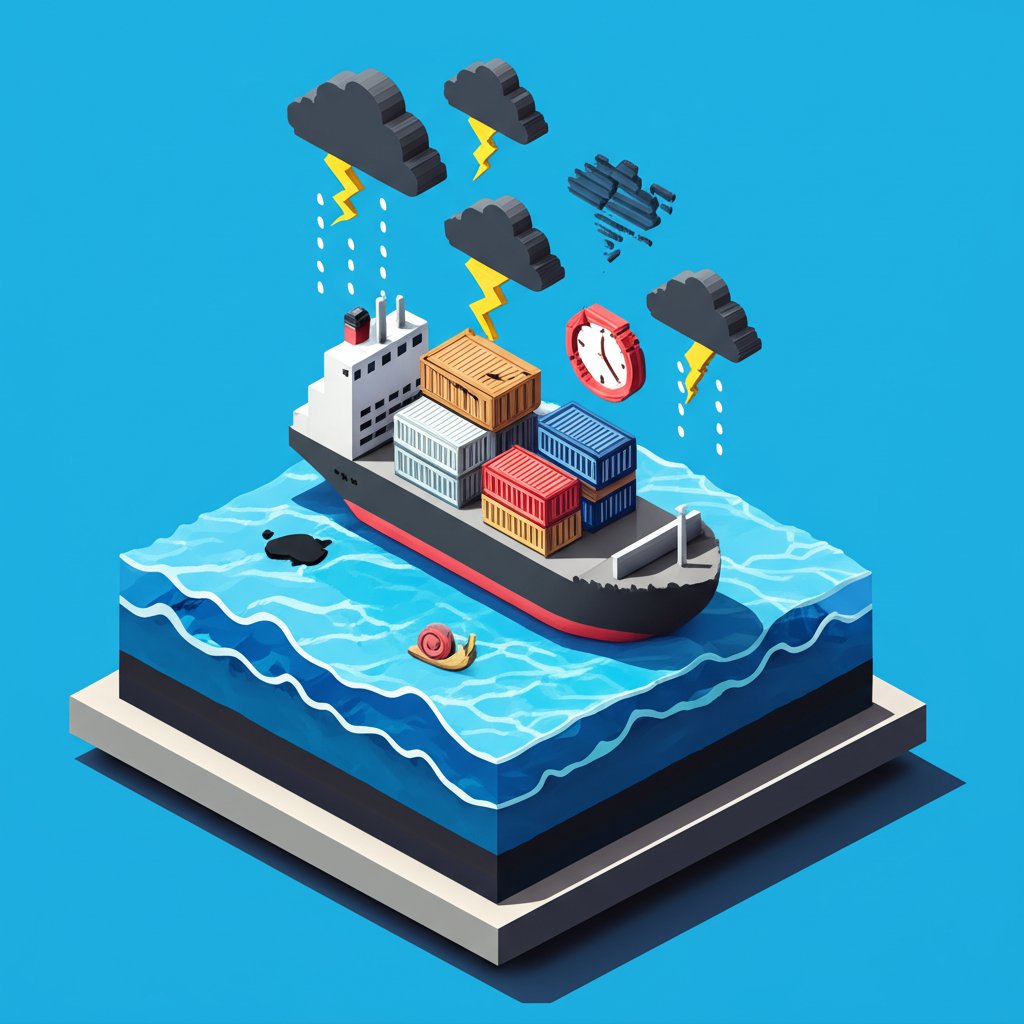 Five disadvantages of sea transport infographic: pollution, weather delays, slow speeds, port fees, and safety risks.
