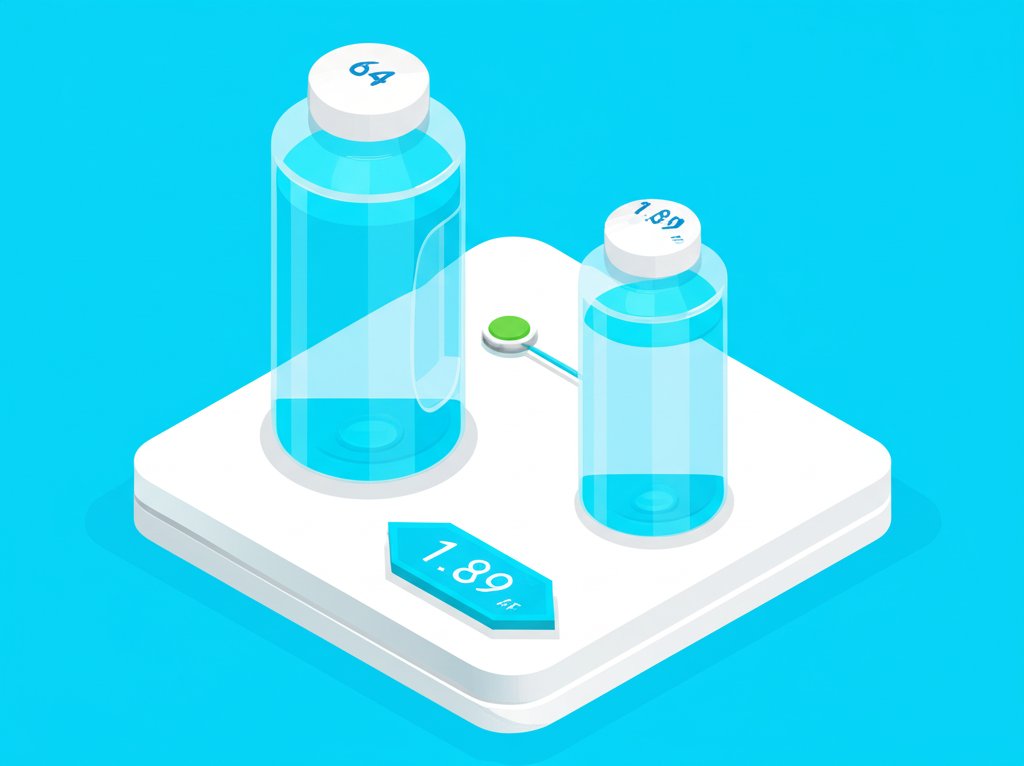 Clear glass measuring cup filled with water to the 64-ounce mark, representing fluid conversion to liters.