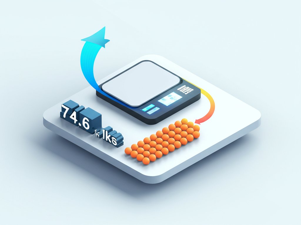 Weight conversion: 74.6 kilograms displayed as 164.46 pounds on a digital scale.