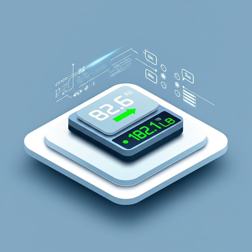 Digital scale displaying 82.6 kg converting to 182.1 lbs, showing the conversion.