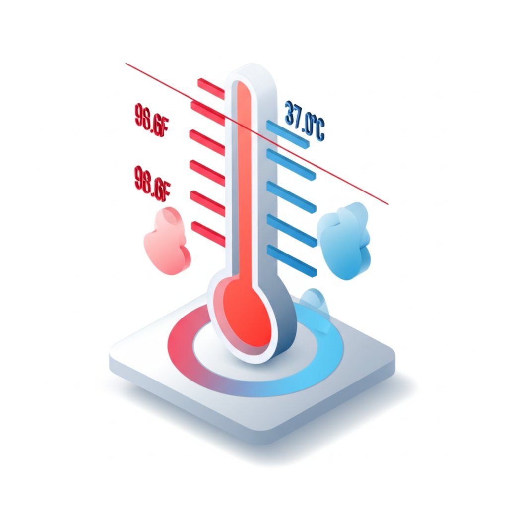 Thermometer showing 98.6°F converted to 37°C, indicating normal human body temperature.