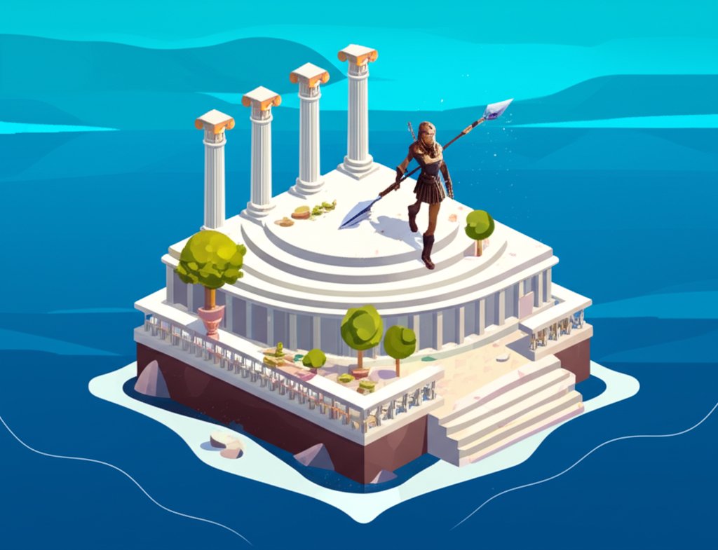 Character stands atop a temple in ancient Greece, gazing at the vibrant Aegean Sea.
