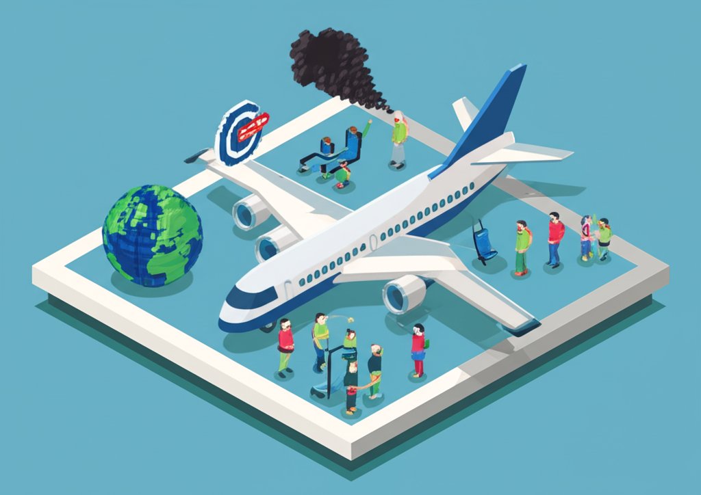 Air travel advantages (speed) and disadvantages (cost/environment) depicted in a simple, informative comparison.