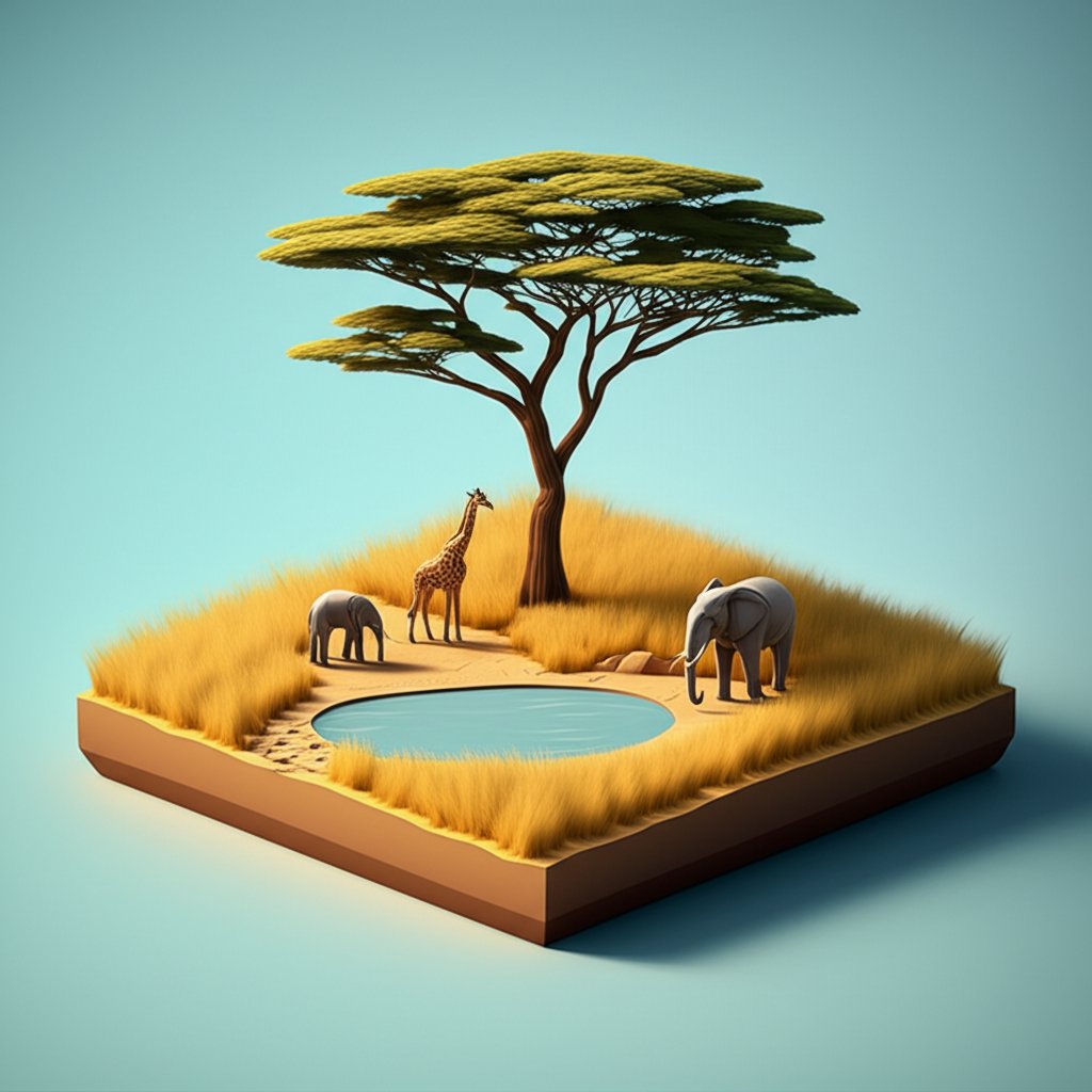 Golden savanna grasses sway under a vast blue sky, dotted with scattered acacia trees.