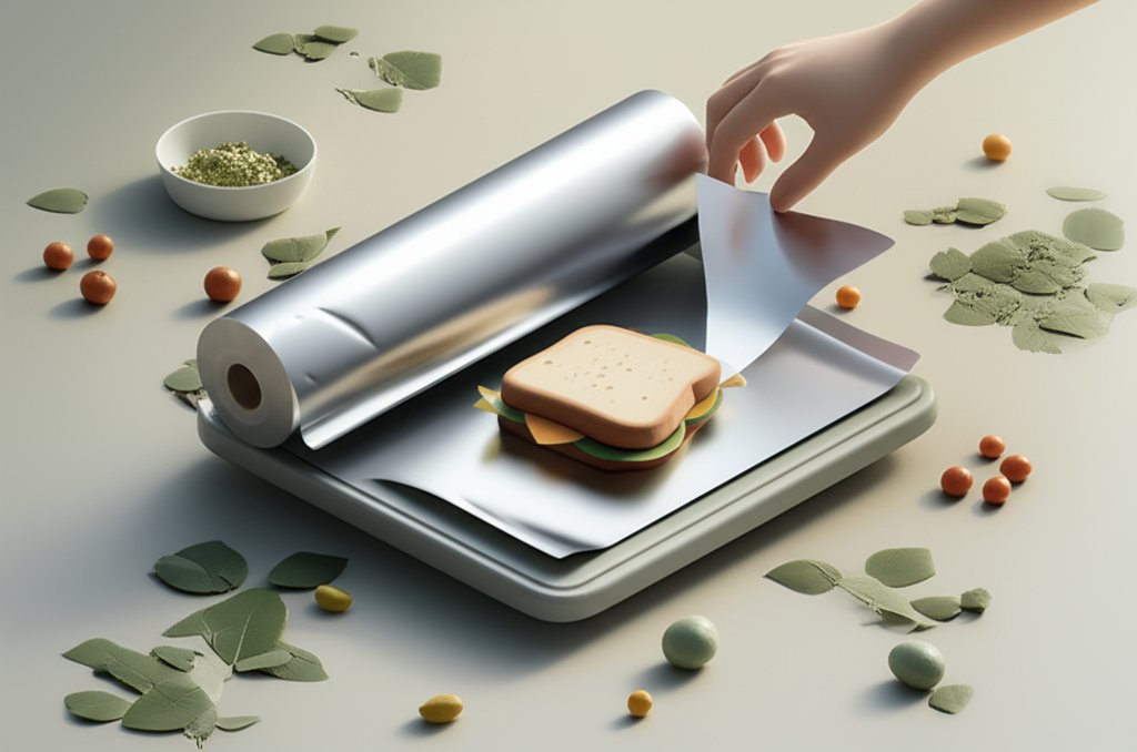 Shiny, crinkled aluminum foil reflects light, showcasing its metallic texture and versatile use for cooking.