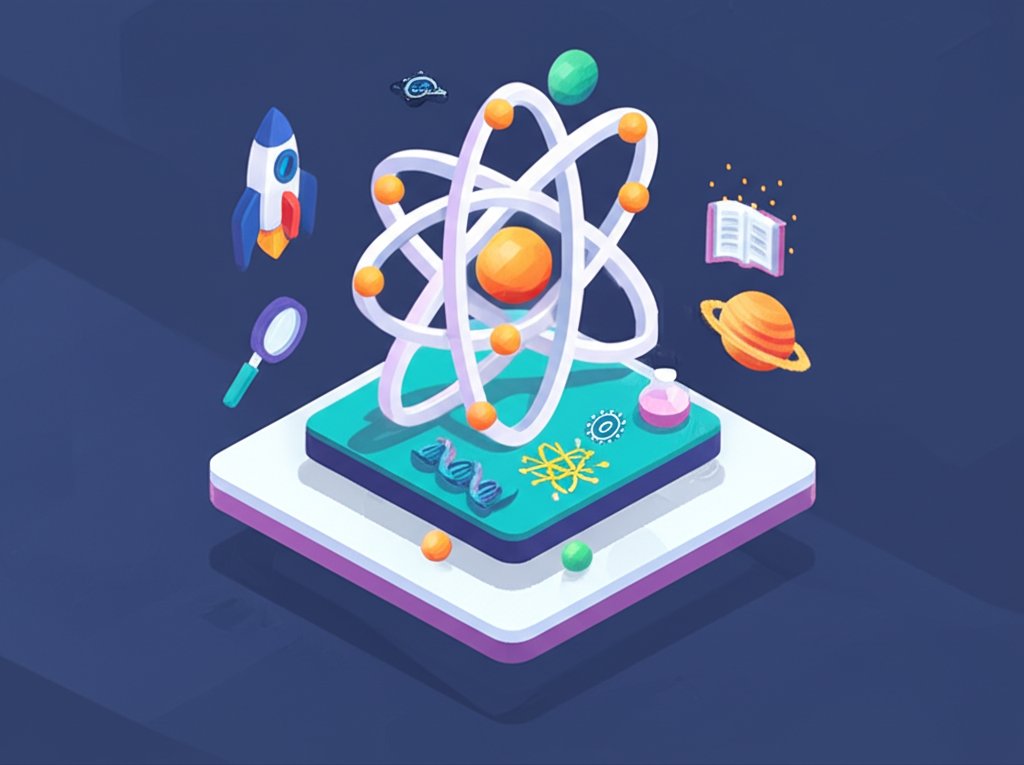 Science facts graphic with colorful icons, including atom model, DNA, and a lightbulb.