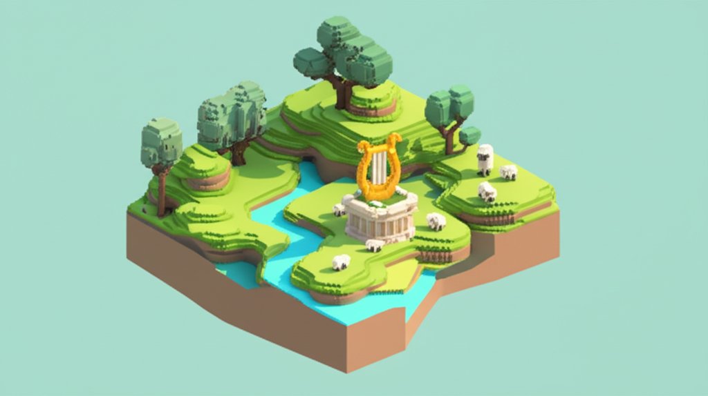 Ruins of ancient stone structures nestled within a mountainous, verdant Arcadian landscape.