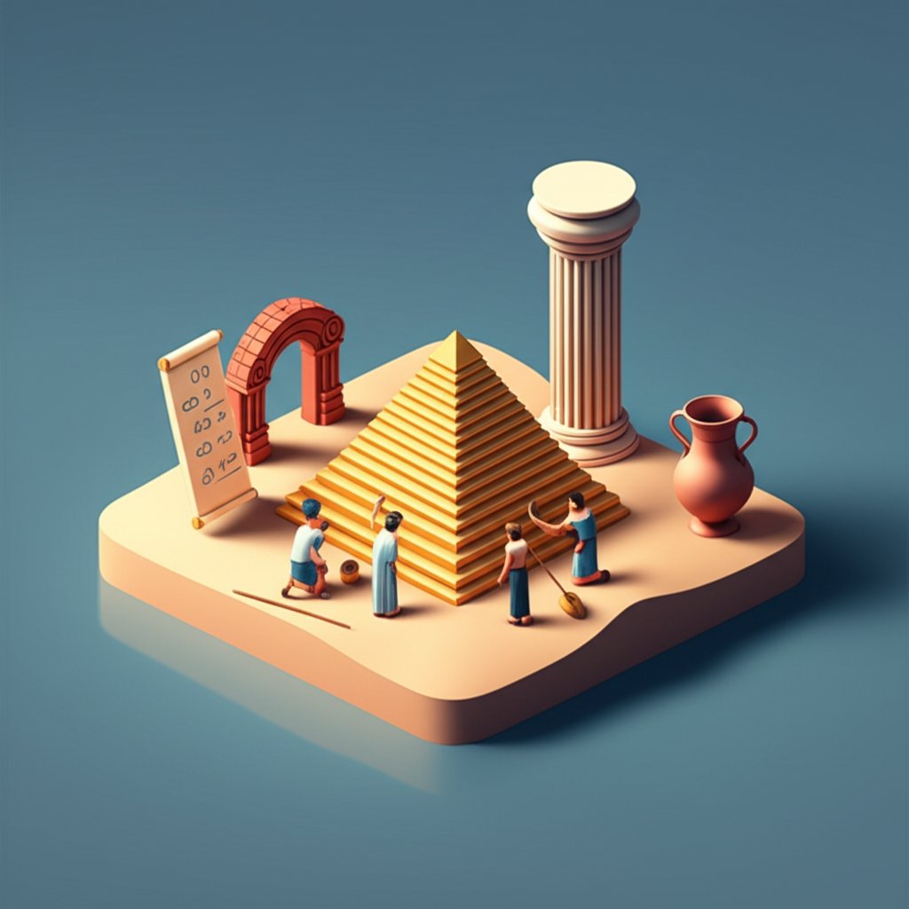 Ancient ruins with towering columns under a bright blue sky suggest a lost, grand civilization.