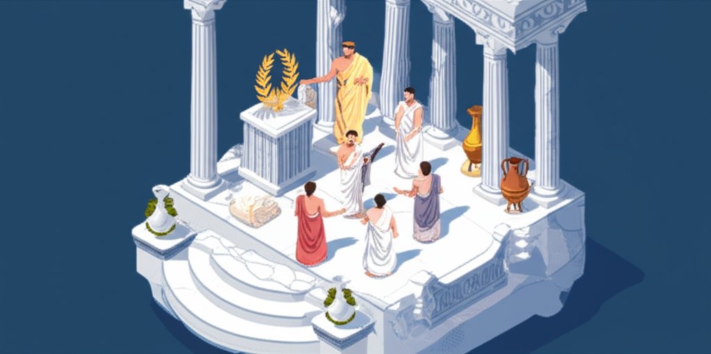 Ancient Greek aristocrats in togas converse in a sun-drenched marble courtyard.