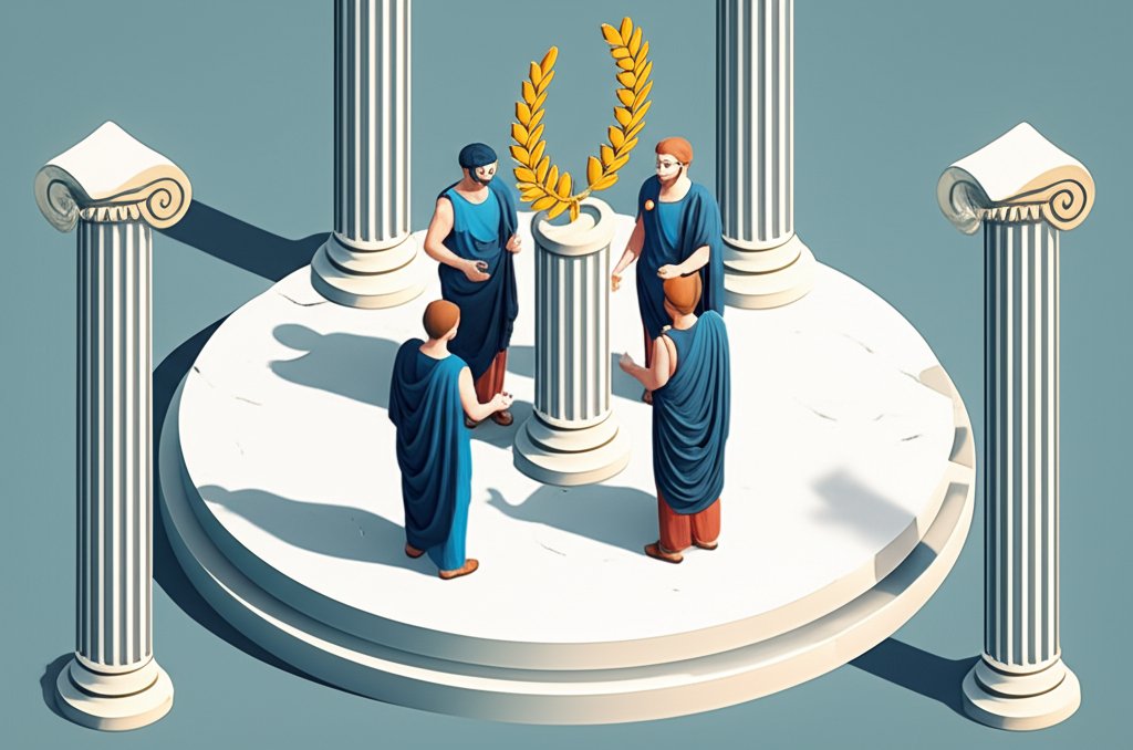 Marble busts of Pericles, Plato, and Socrates, representing influential ancient Greek leaders.