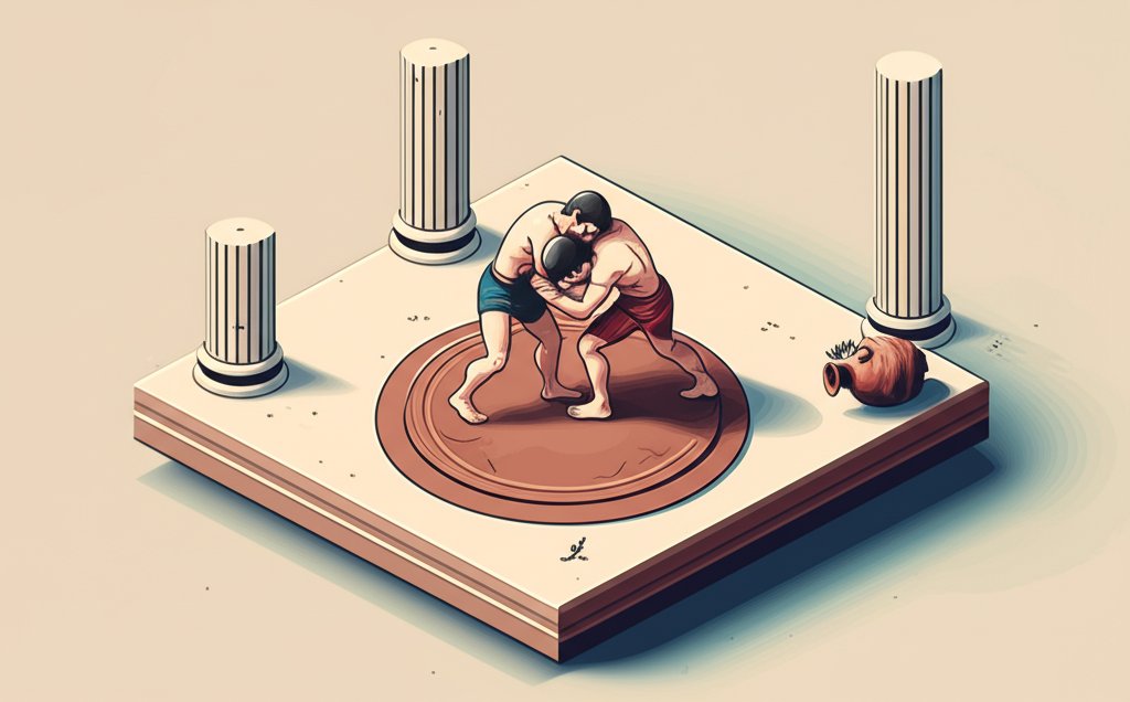 Two ancient Greek wrestlers grapple, depicted in a classical black-figure pottery style.