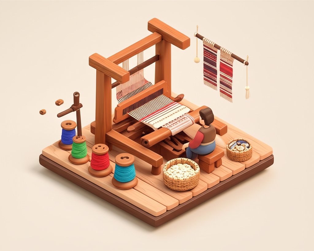 Ancient looms with intricate designs and worn wooden frames showcase a rich history of textile creation.