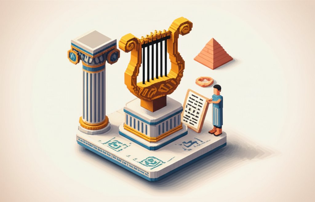 Ancient musicians play stringed instruments and percussion in a fresco-style illustration.