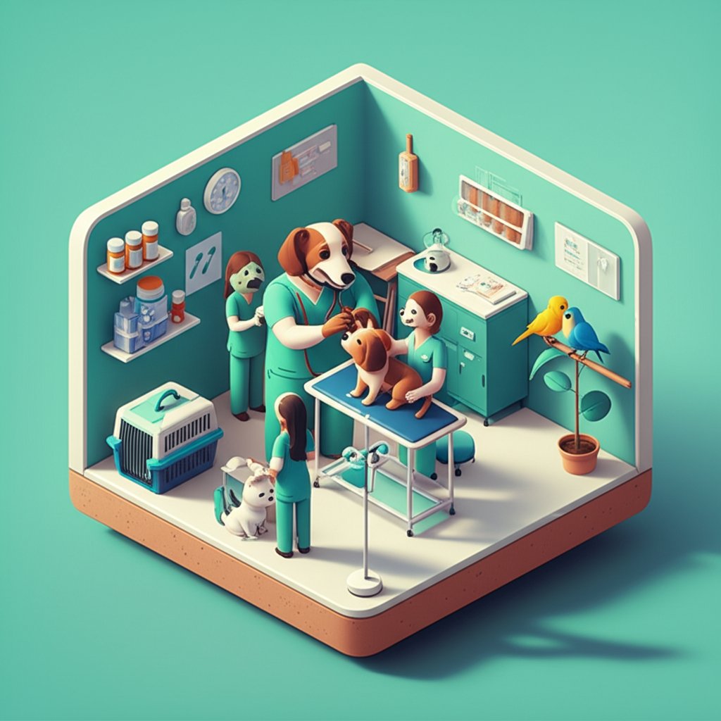 Veterinarians examining and caring for a cute, furry animal patient in a bright clinic.