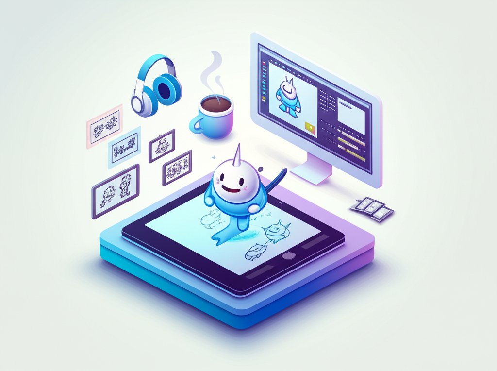 Cartoon character at a desk, surrounded by animation tools, pursuing an animation career.