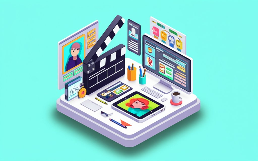 Animated characters collaborate digitally in vibrant studio, showcasing the animation industry.