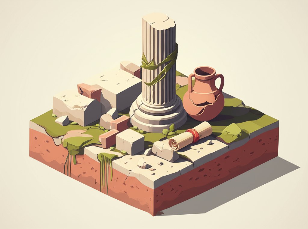 Ancient Roman ruins with weathered columns and crumbling stone under a bright sky.