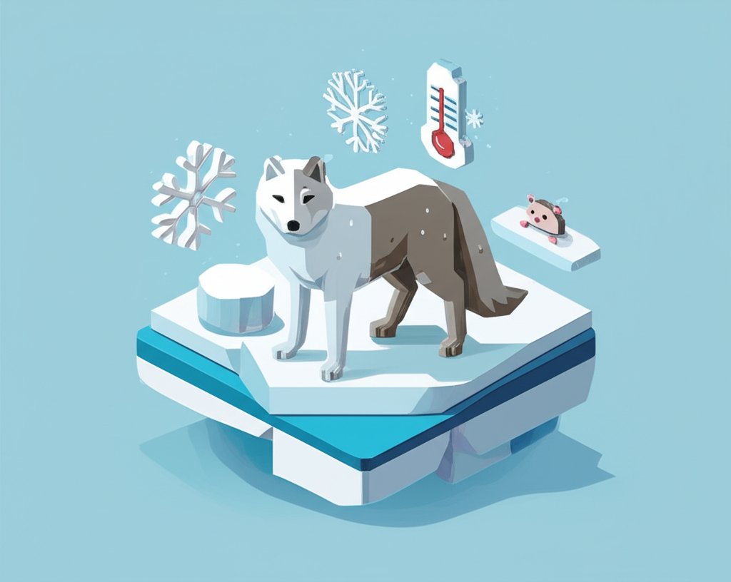 Arctic fox with thick white fur standing in a snowy arctic environment, interesting facts.