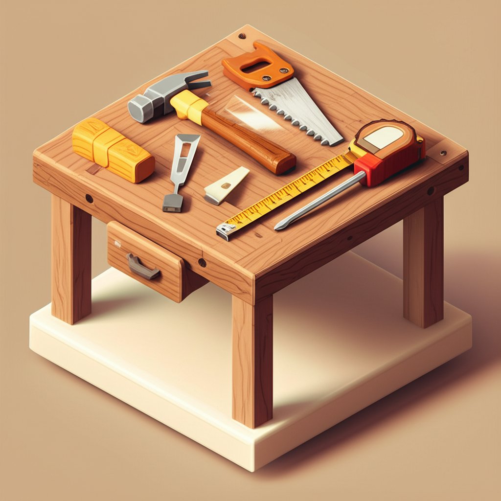 Handcrafted tools like pottery wheel, brushes, and wood carving tools suggest artisanal creation.