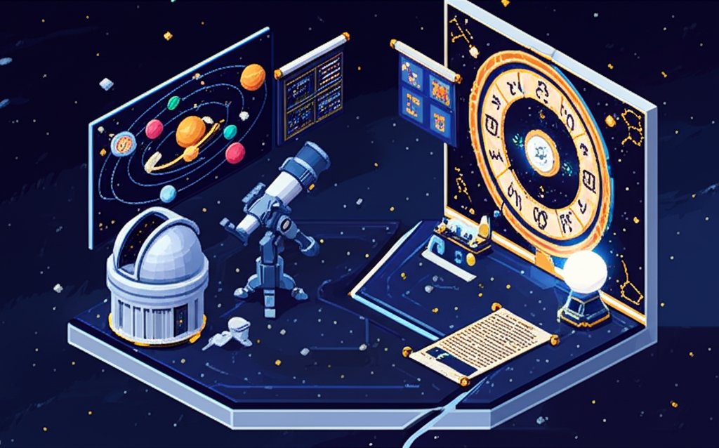 Astronomy and astrology images, highlighting the scientific study of space versus zodiac signs.