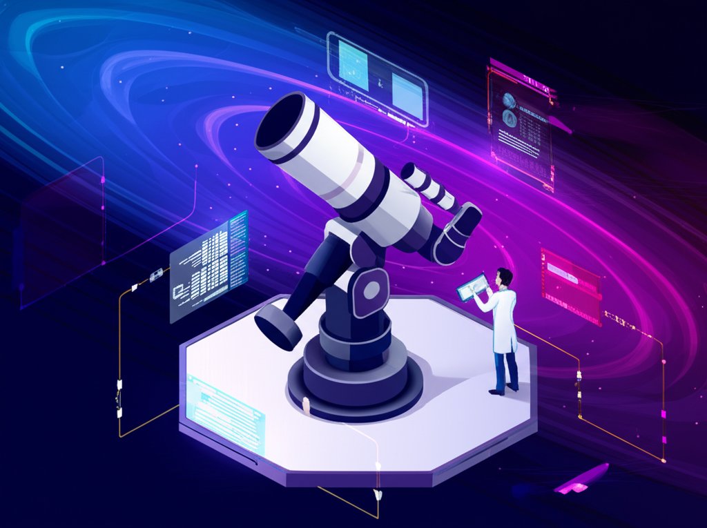 Astrophysicist thoughtfully works with scientific data displayed on multiple computer monitors.