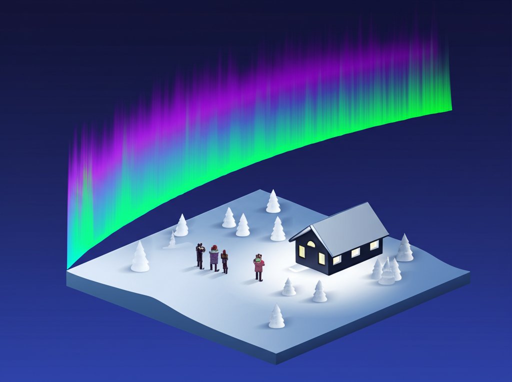 Vibrant green and purple Aurora Borealis streaks across a dark, starry sky.