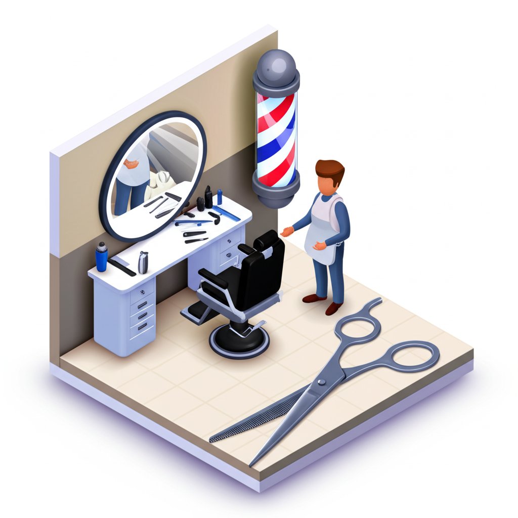 A barber giving a client a haircut in a modern barbershop with tools and equipment visible.