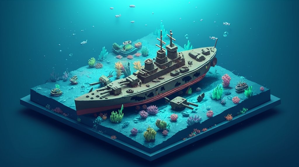 Wreck of the battleship Bismarck on the ocean floor, a somber relic of World War II.