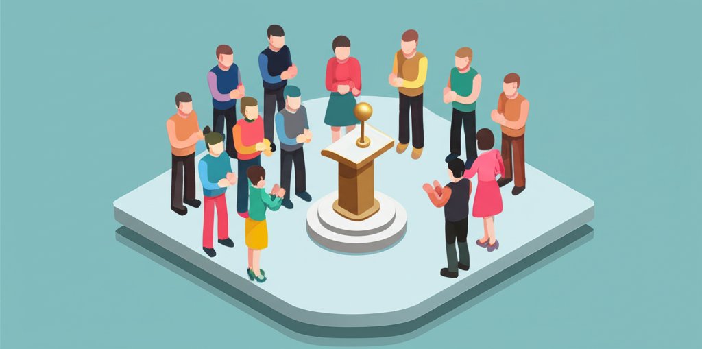A crowd looks up at smiling leaders, conveying respect and admiration for their beloved figures.