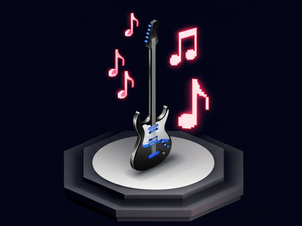 A guitarist in a vibrant, energetic pose shreds on a modern electric guitar on stage.