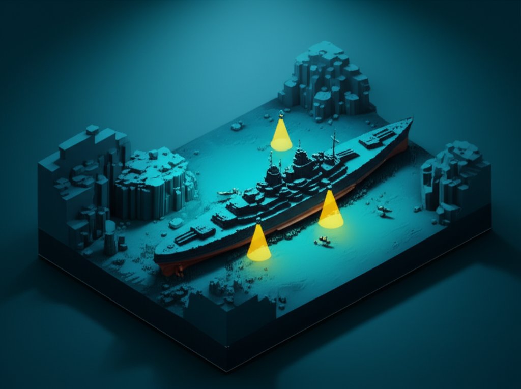 Wreck of the Bismarck battleship on the ocean floor, surrounded by marine life.