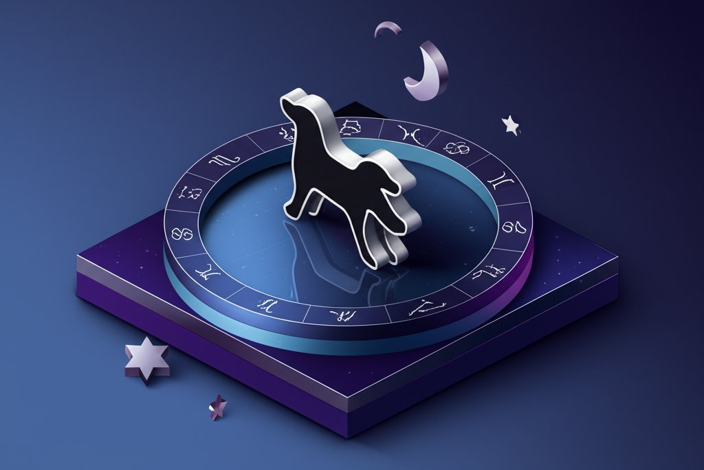 A black dog sits patiently beneath a celestial map, embodying canine astrology.