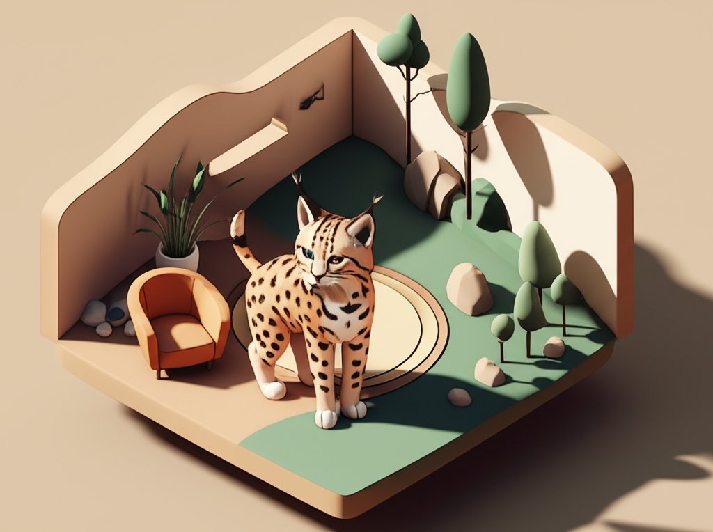 A medium-sized cat with bobcat-like markings and tufted ears sits alertly in a grassy area.