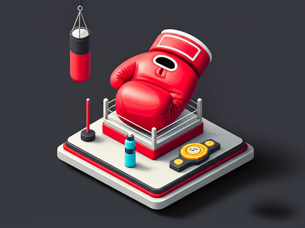 Two boxers exchange punches in a brightly lit ring, sweat glistening on their skin.