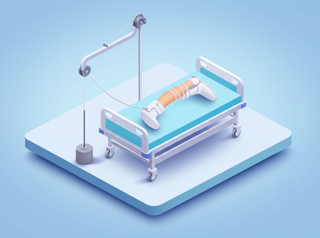 A person lies in bed with their leg in traction using a Buck's extension apparatus.