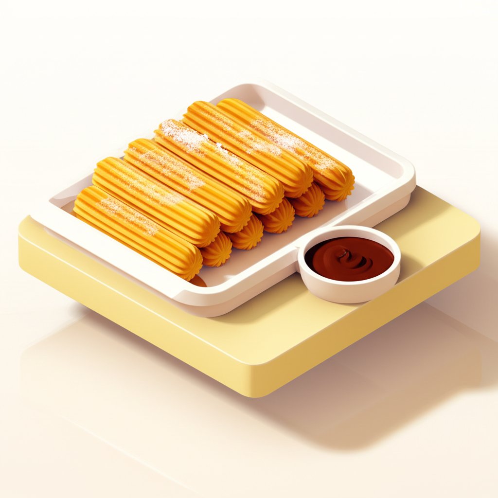 Crisp, golden churros dusted with sugar and cinnamon, served with a rich chocolate dipping sauce.