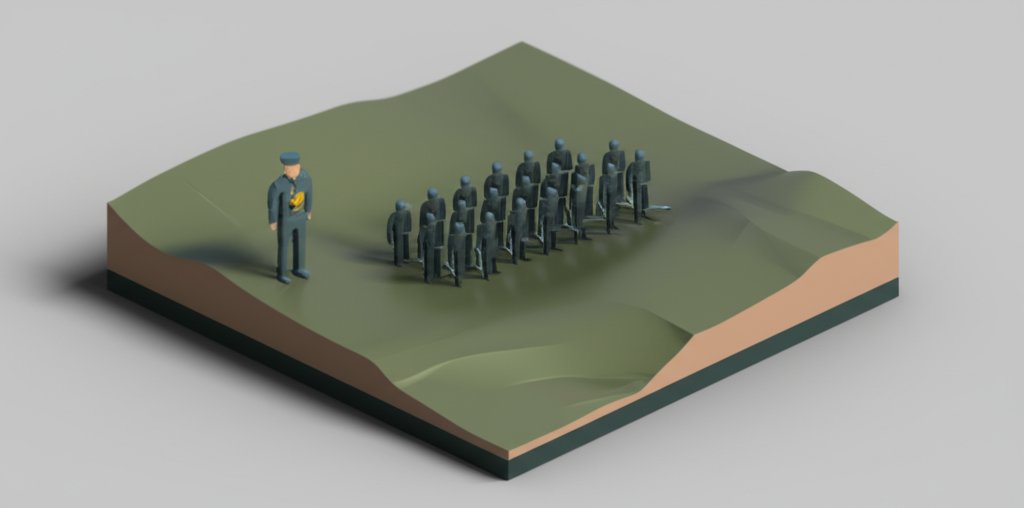A commander bravely leads troops into battle, sword in hand, embodying frontline leadership.