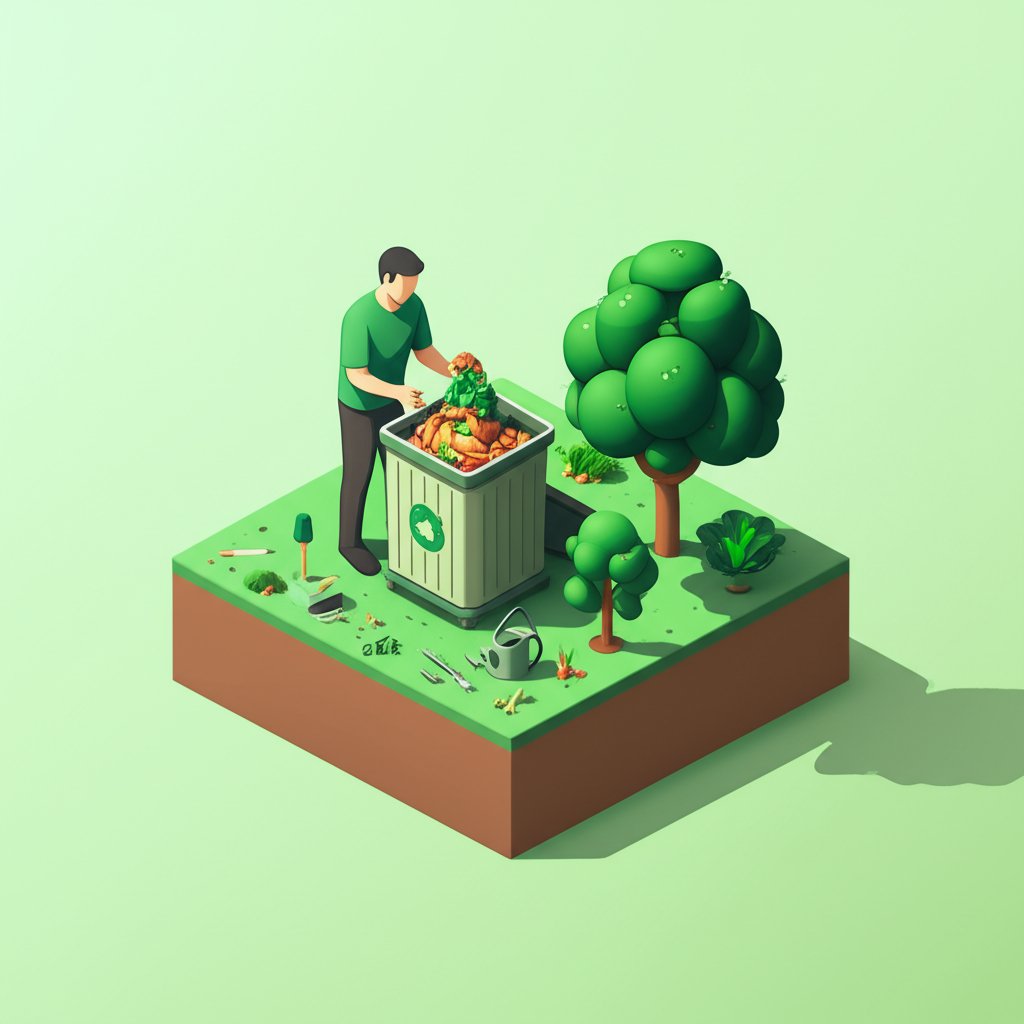 A dark compost bin in a lush garden filled with decomposing organic material.