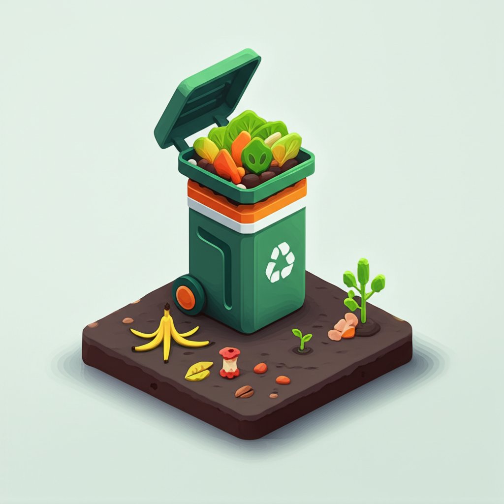 A compost bin with visible layers of decomposing food scraps and yard waste.