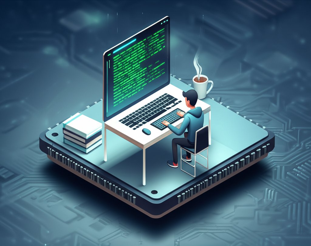 A computer programmer working at a desk, typing code on a screen.