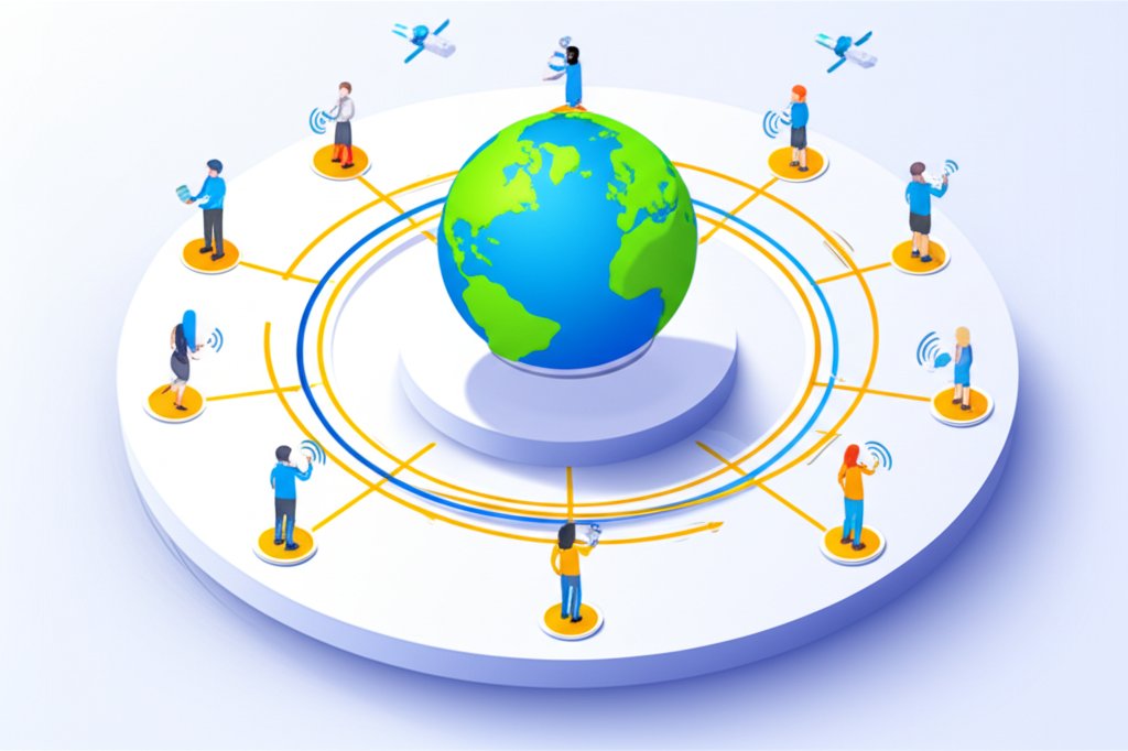 Globe surrounded by interconnected digital nodes, symbolizing global communication and connectivity.
