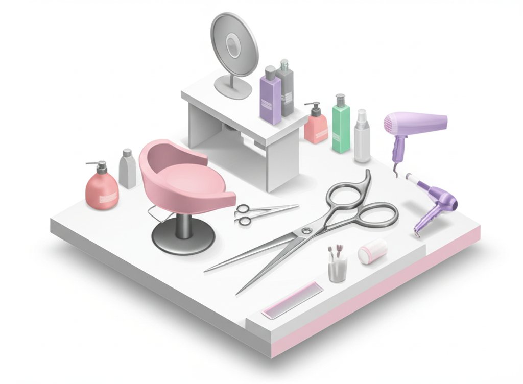 Woman smiles while applying lipstick in a bright, clean cosmetology studio.